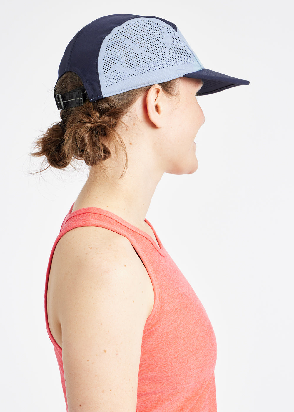 Oiselle Five Panel Running Hat, side detail view
