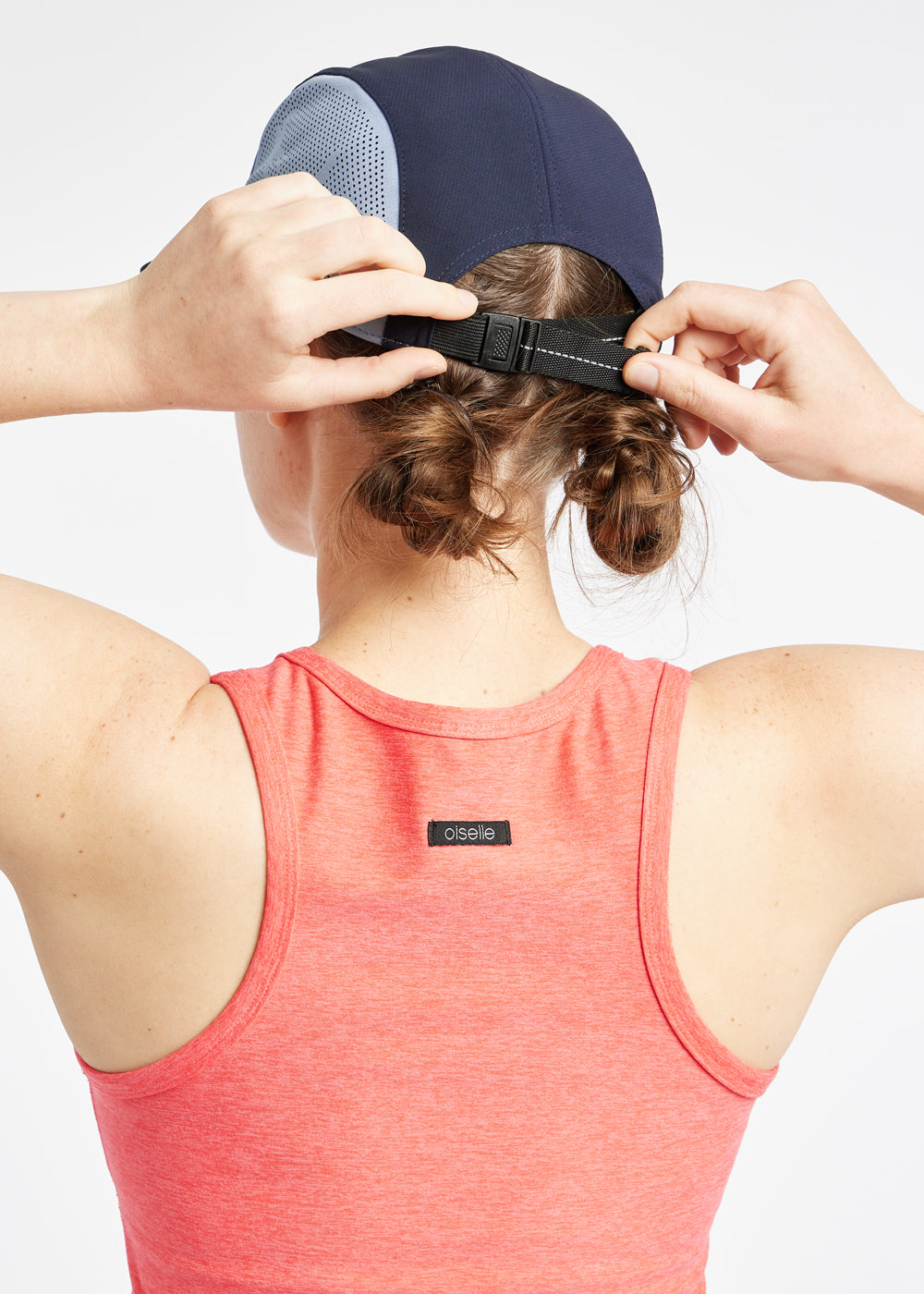 Oiselle Five Panel Running Hat, back detail view