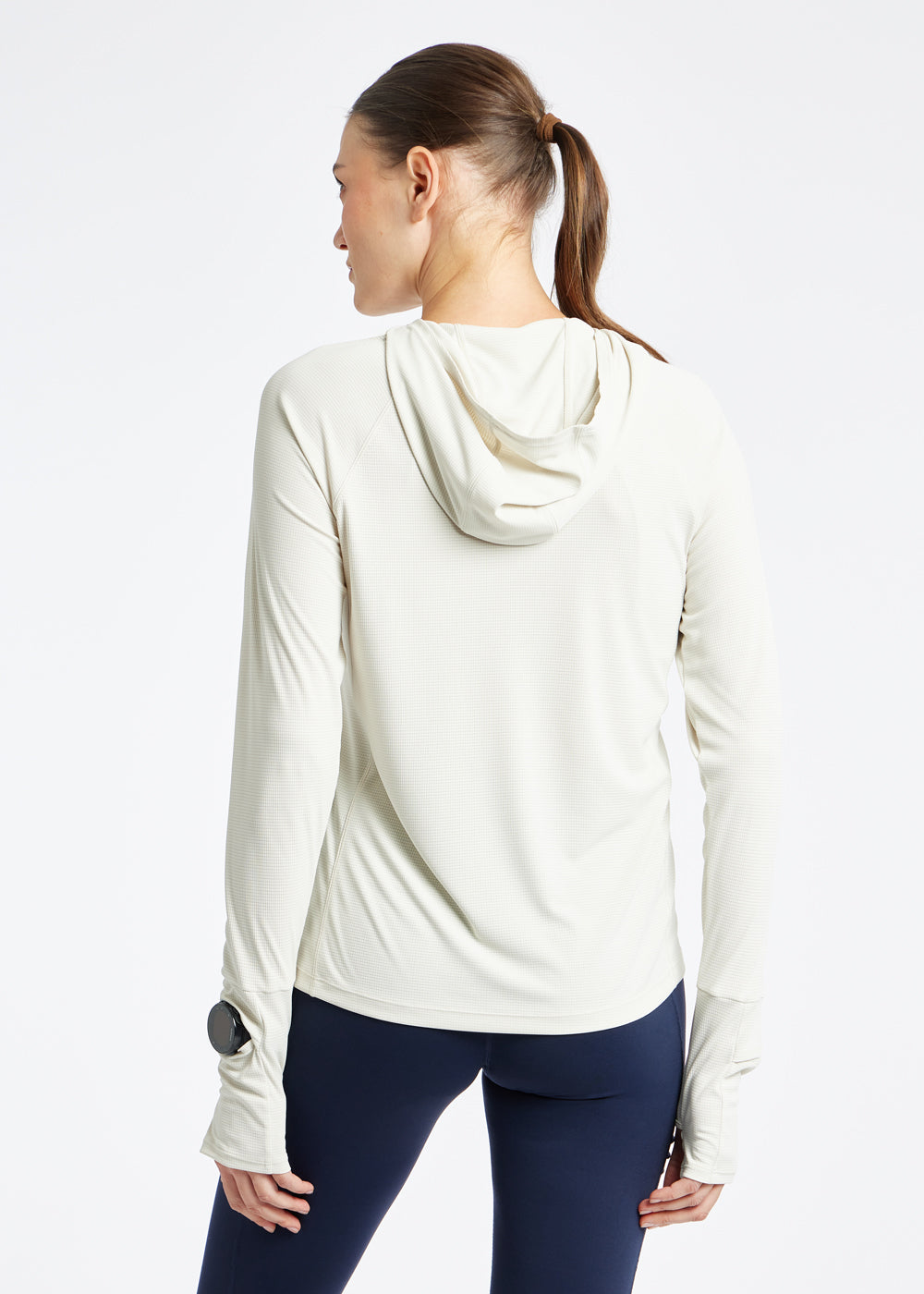 Flyout Chill UPF 50 lightweight running Hoodie in Ivory, back view
