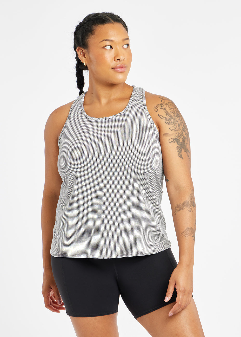 Flyout Racerback Running Tank in Black/White, front