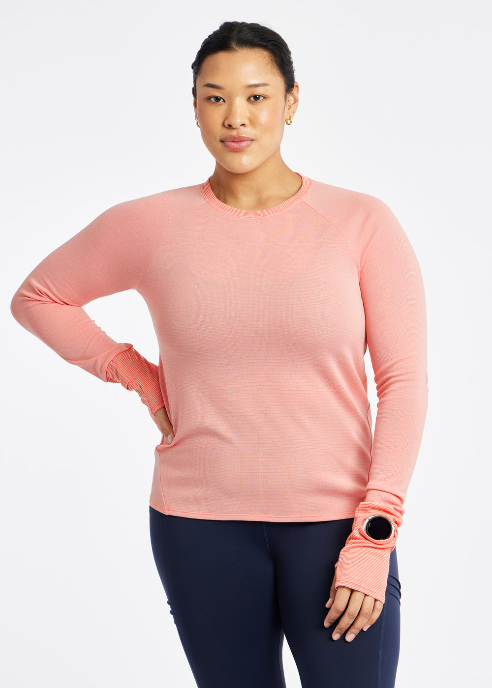 Flyout Wool Classic Long Sleeve in Alpenglow Pink, front with watch window sleeve detail
