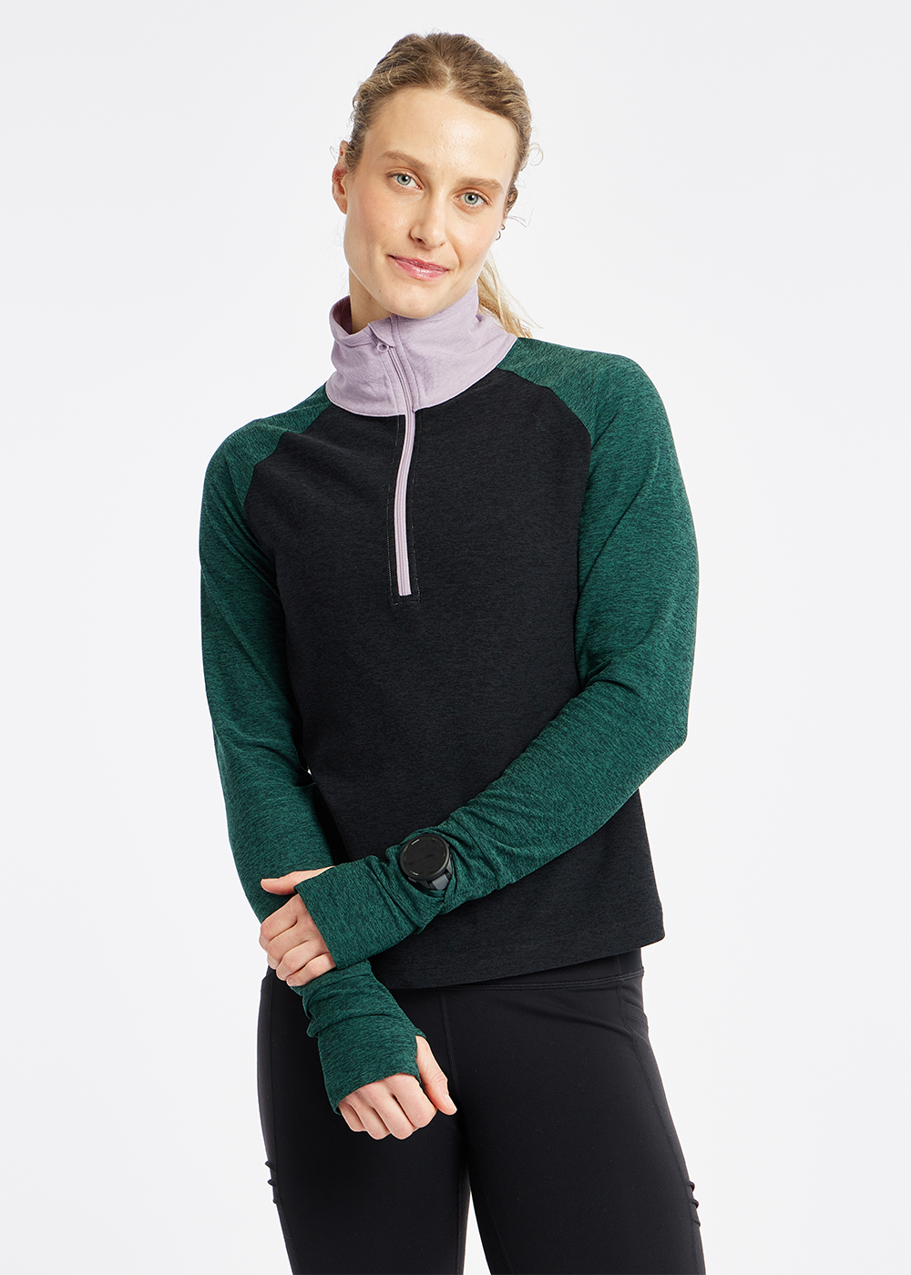 Lux Half Zip Long Sleeve in Black, front view