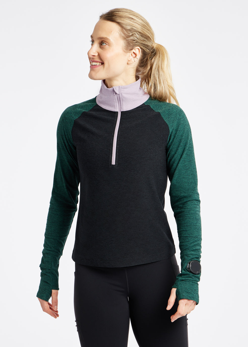 Lux Half Zip Long Sleeve in Black, front view with watch window detail