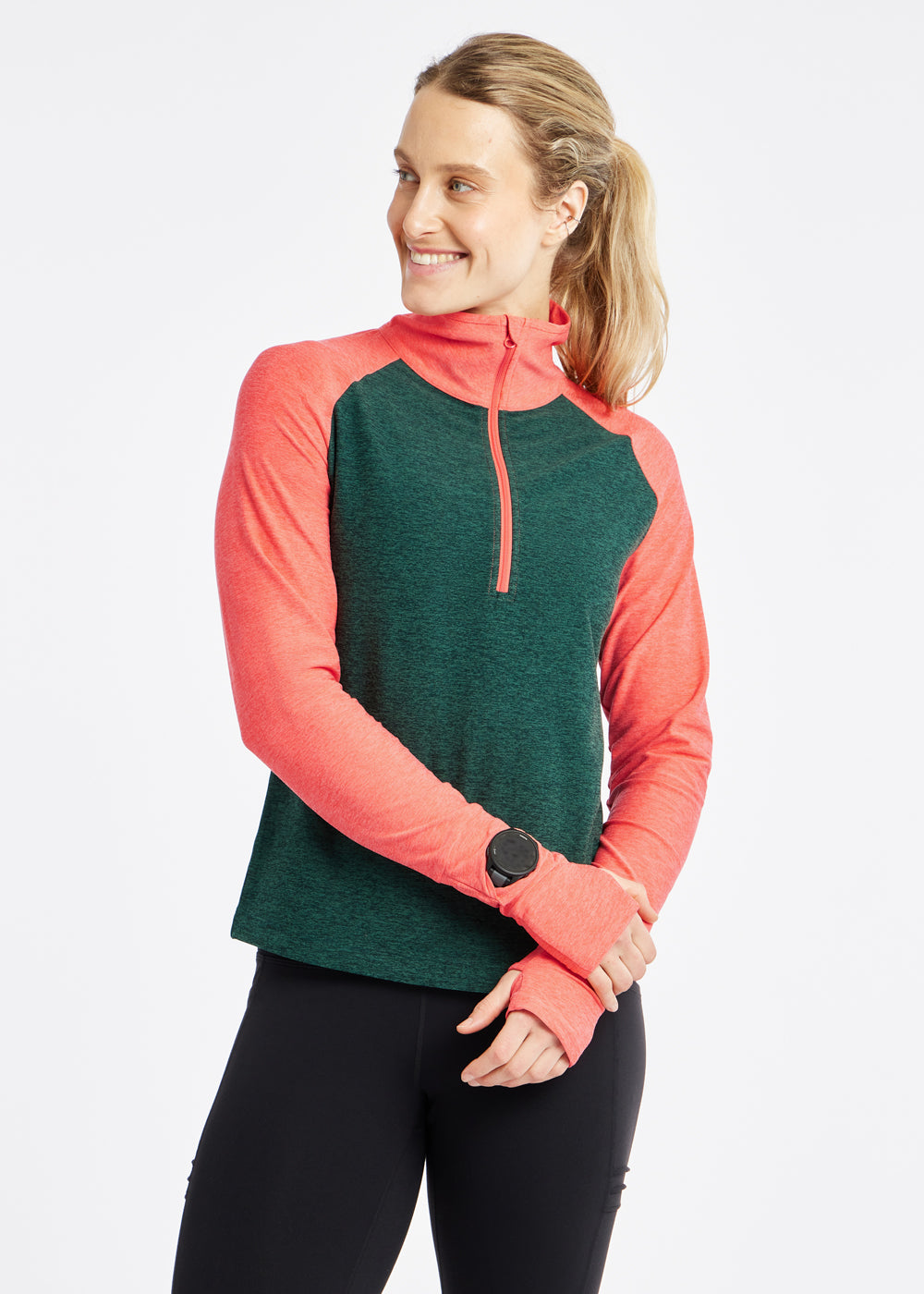 Lux Half Zip Long Sleeve in Juniper Green with orange sleeves, front view