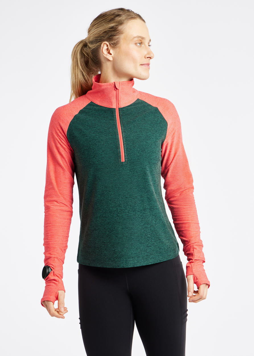 Lux Half Zip Long Sleeve in Juniper Green with orange sleeves, front