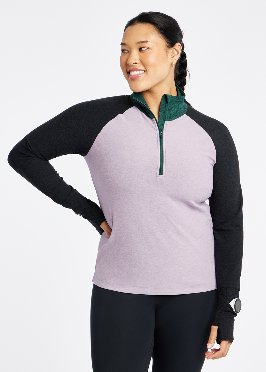 Lux Half Zip Long Sleeve in Dusty Lavender Purple, front view with watch window detail