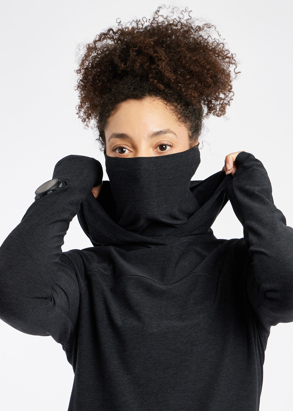 Lux Highline Long Sleeve Running Hoodie in Black, gaiter detail