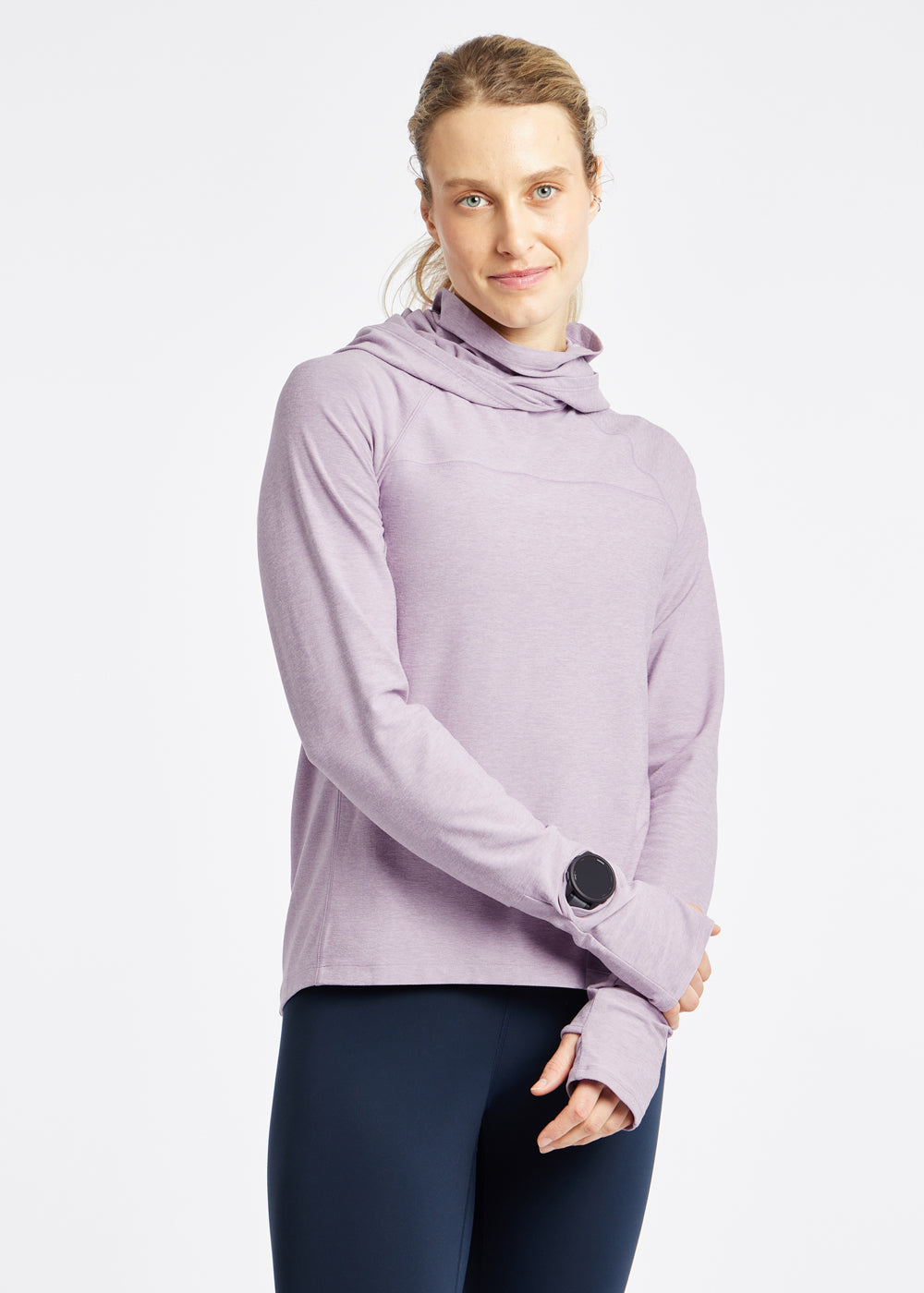 Lux Highline Long Sleeve Running Hoodie in Dusty Lavender Purple, front with watch window detail