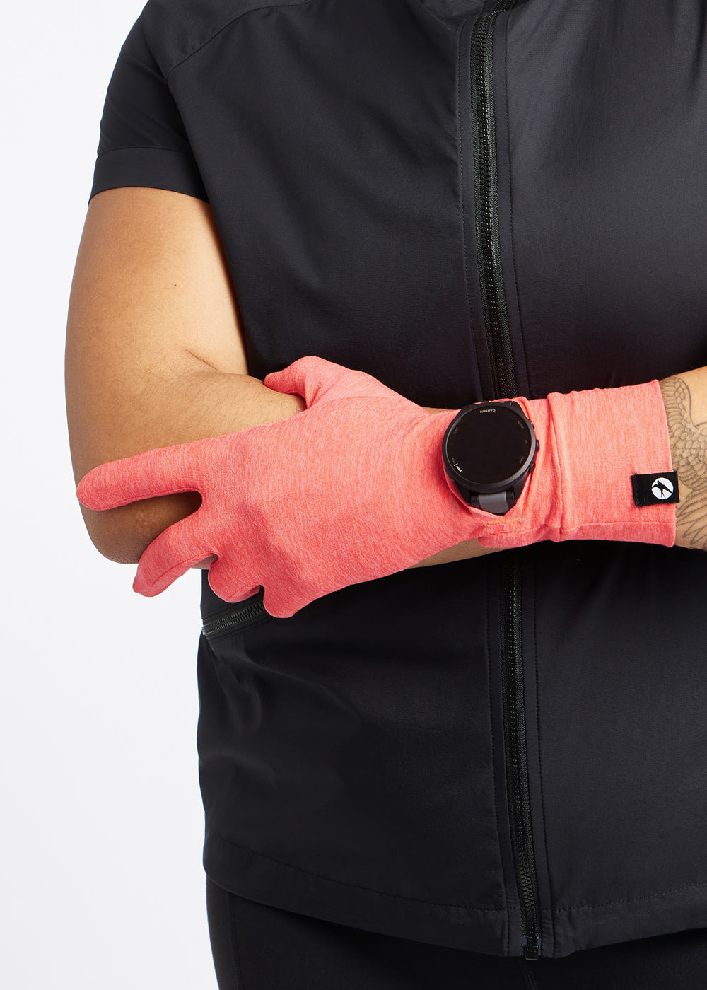 Lux Watch Window Running Gloves in Alpenglow Pink, watch window detail view