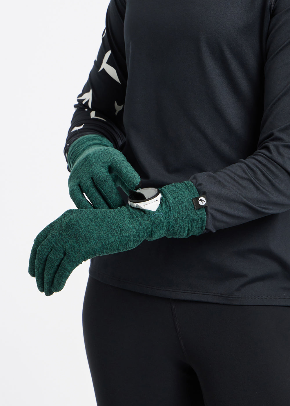 Lux Watch Window Running Gloves in Juniper Green, detail view
