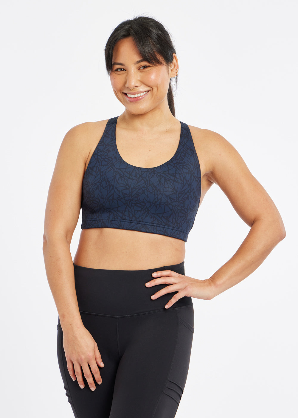 Open Lane Strappy Sports Bra in ink blue print, front view