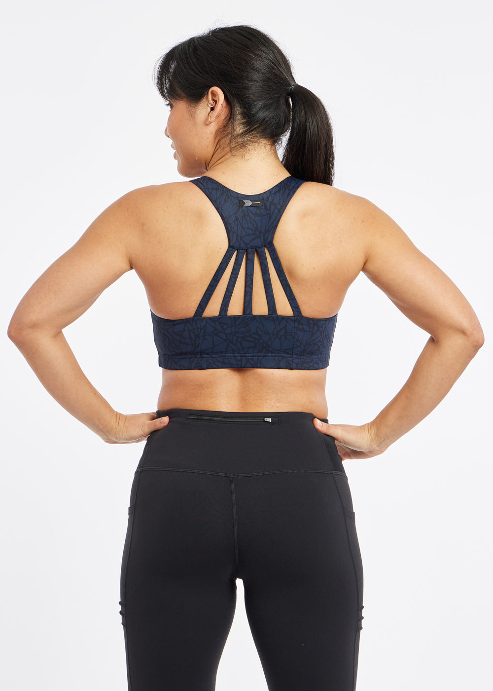 Open Lane Strappy Sports Bra in ink blue print, back view