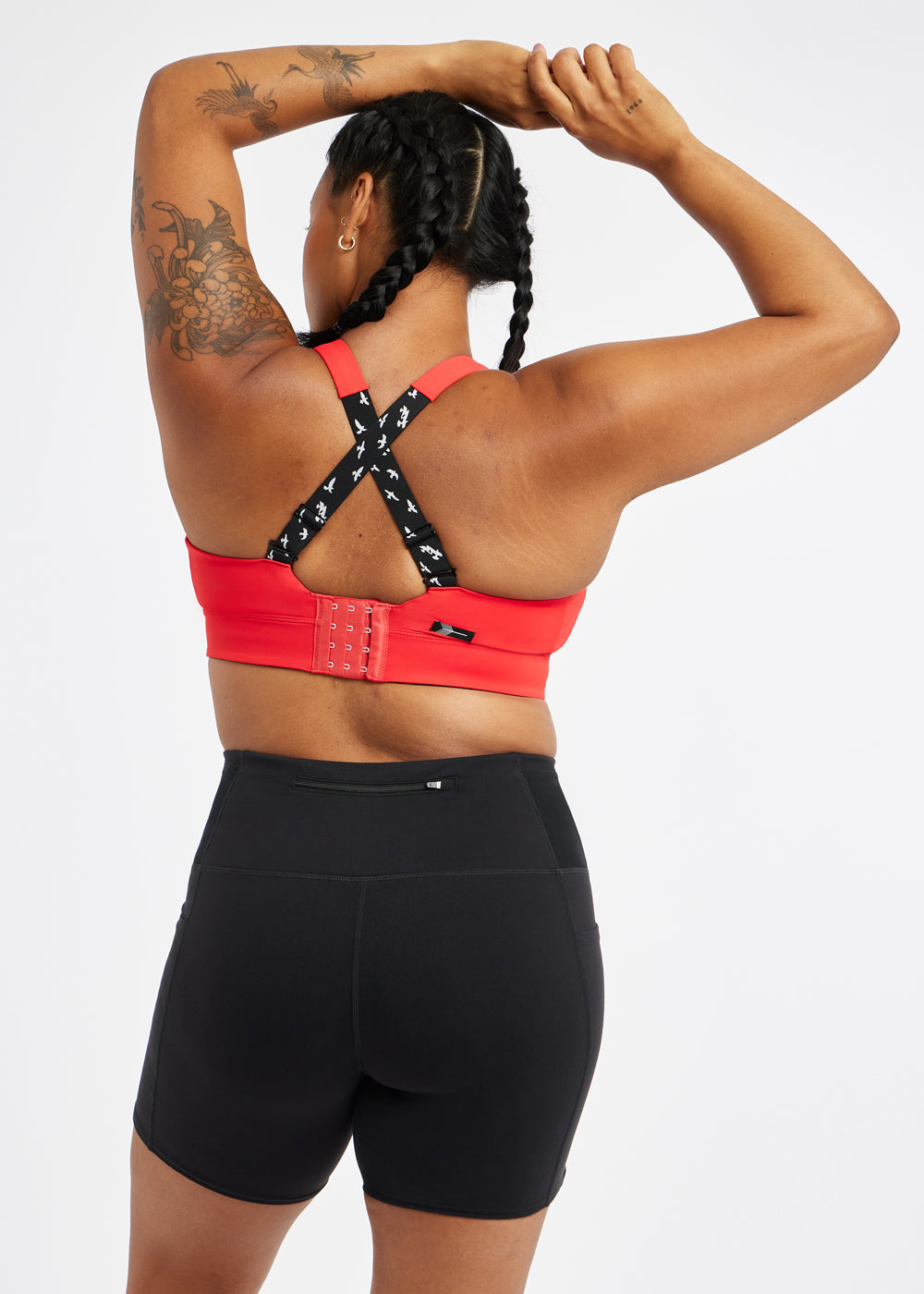 Queen High Impact Adjustable Sports Bra in Flash Flare Red, back view