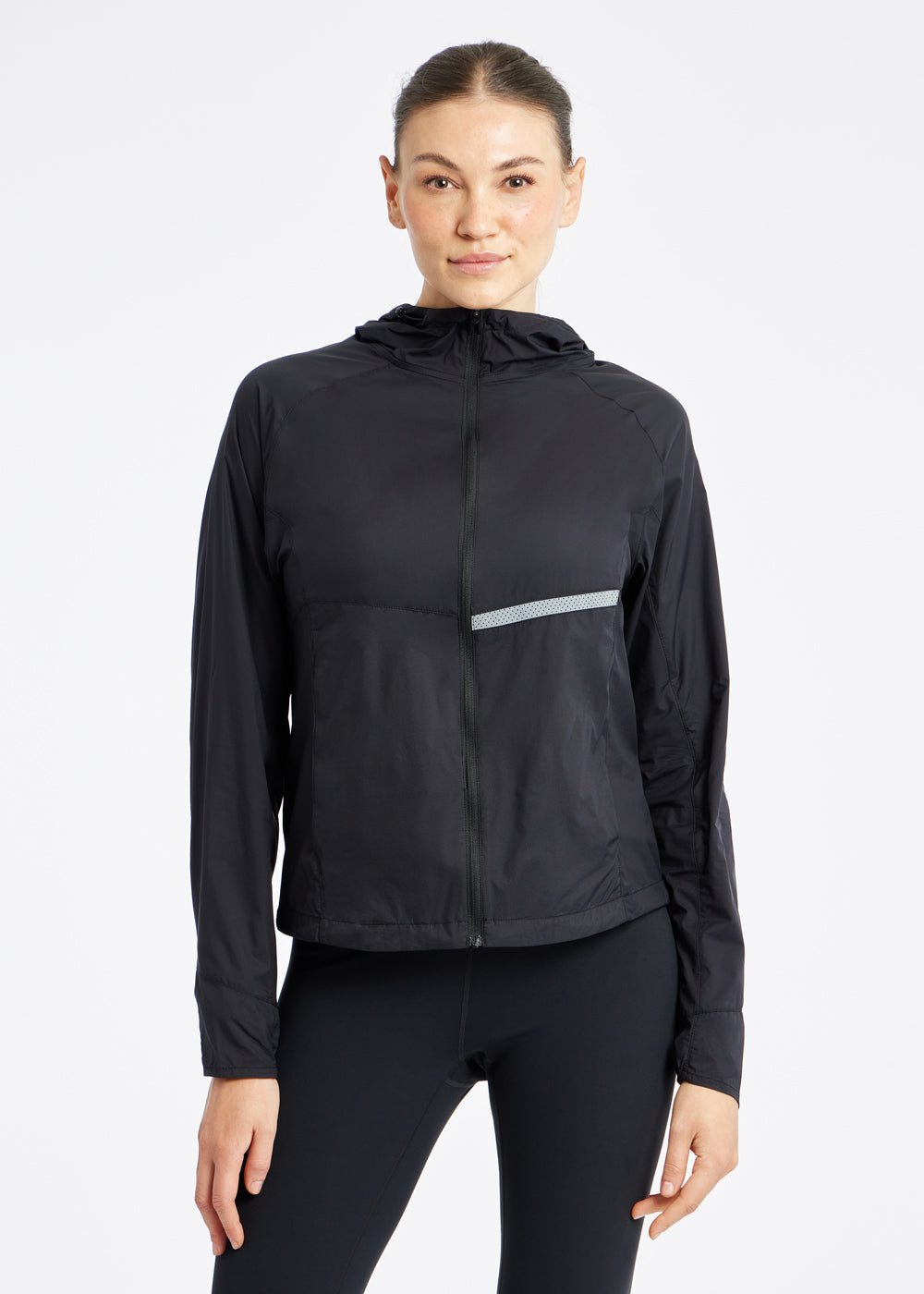 Vim Packable Running Jacket in Black, front view