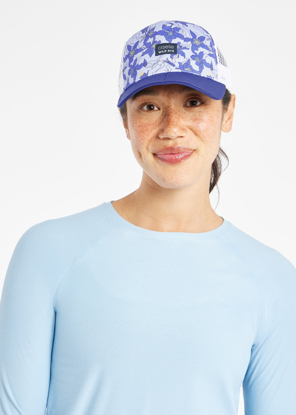 Runner Trucker Hat in  Aquila Bloom Blue Print, front view