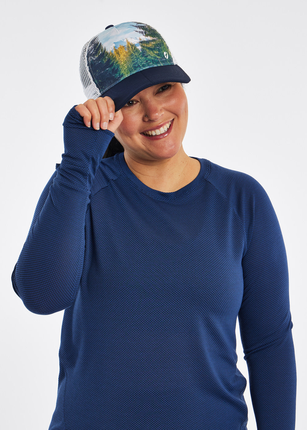 Runner Trucker Hat, panel design of Douglas Fir forest photo, front view