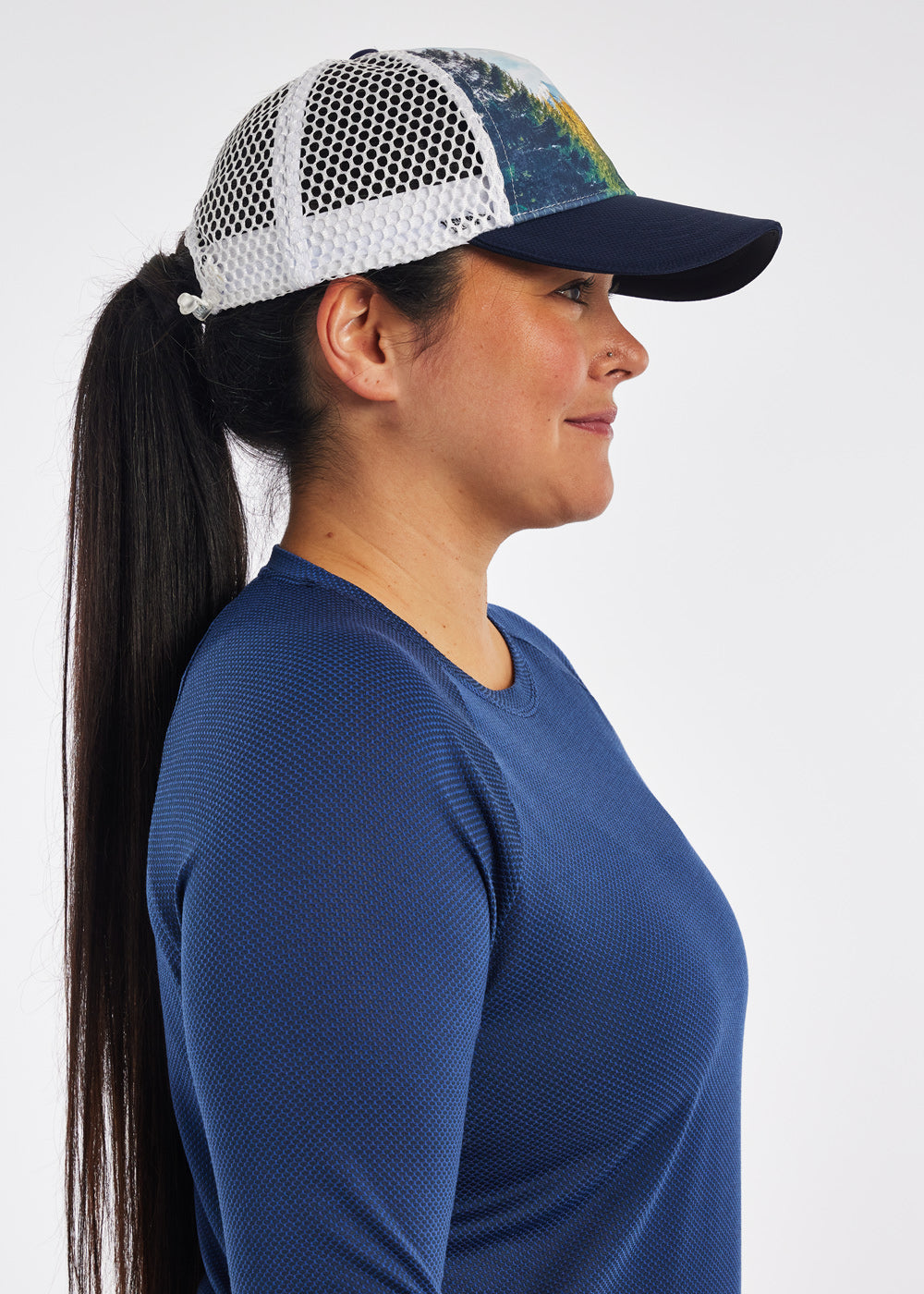 Runner Trucker Hat, panel design of Douglas Fir forest photo, side view