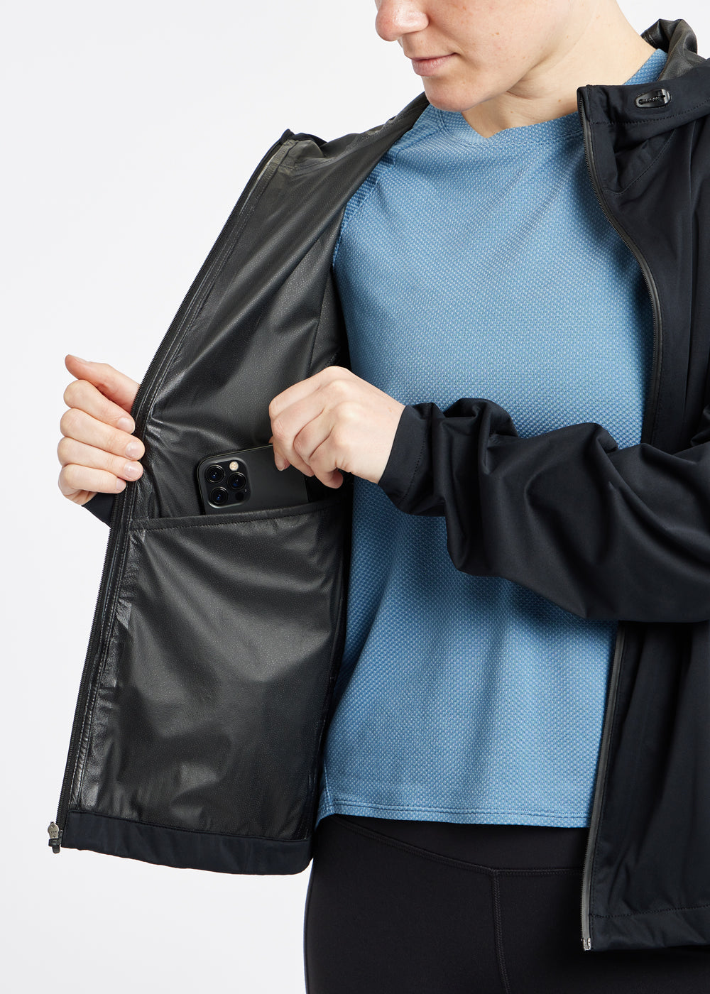 Say Anything Waterproof Running Jacket in Black, interior pocket view