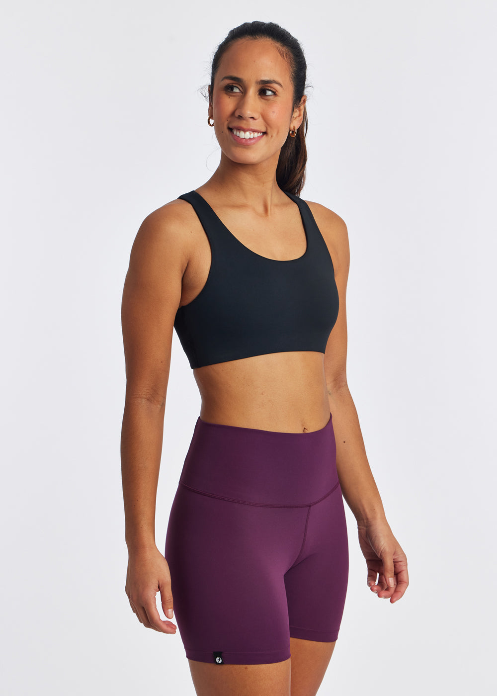 Squared Up Open Back Sports Bra in Black, side view