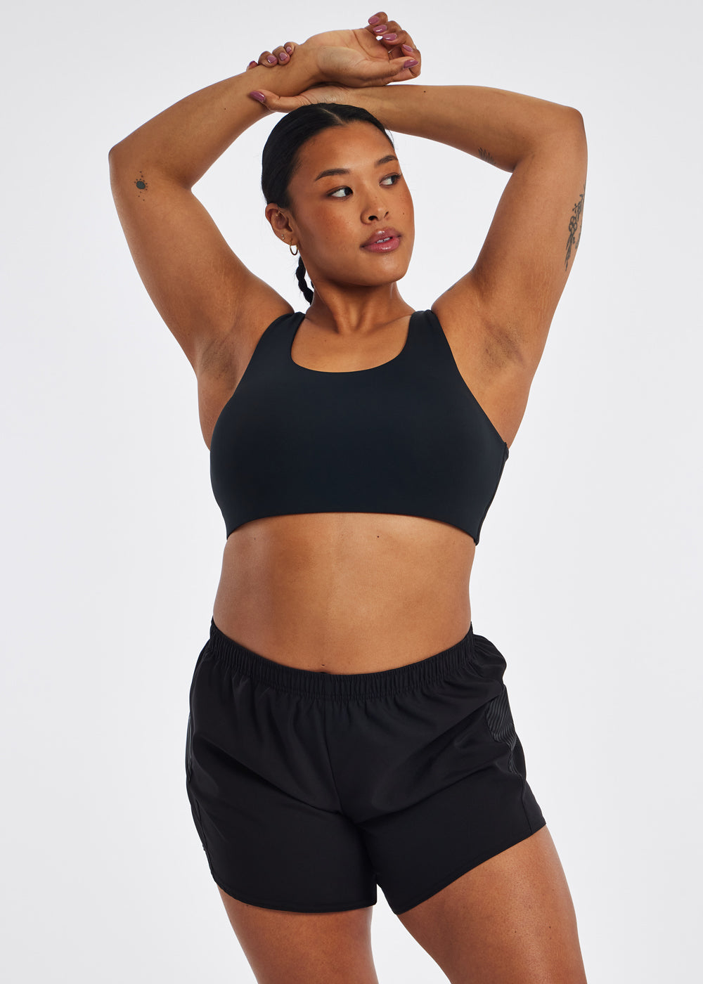 Squared Up Open Back Sports Bra in Black, front