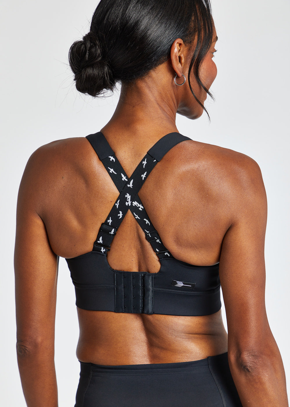 Queen High Impact Adjustable Sports Bra in Black, back strap detail view